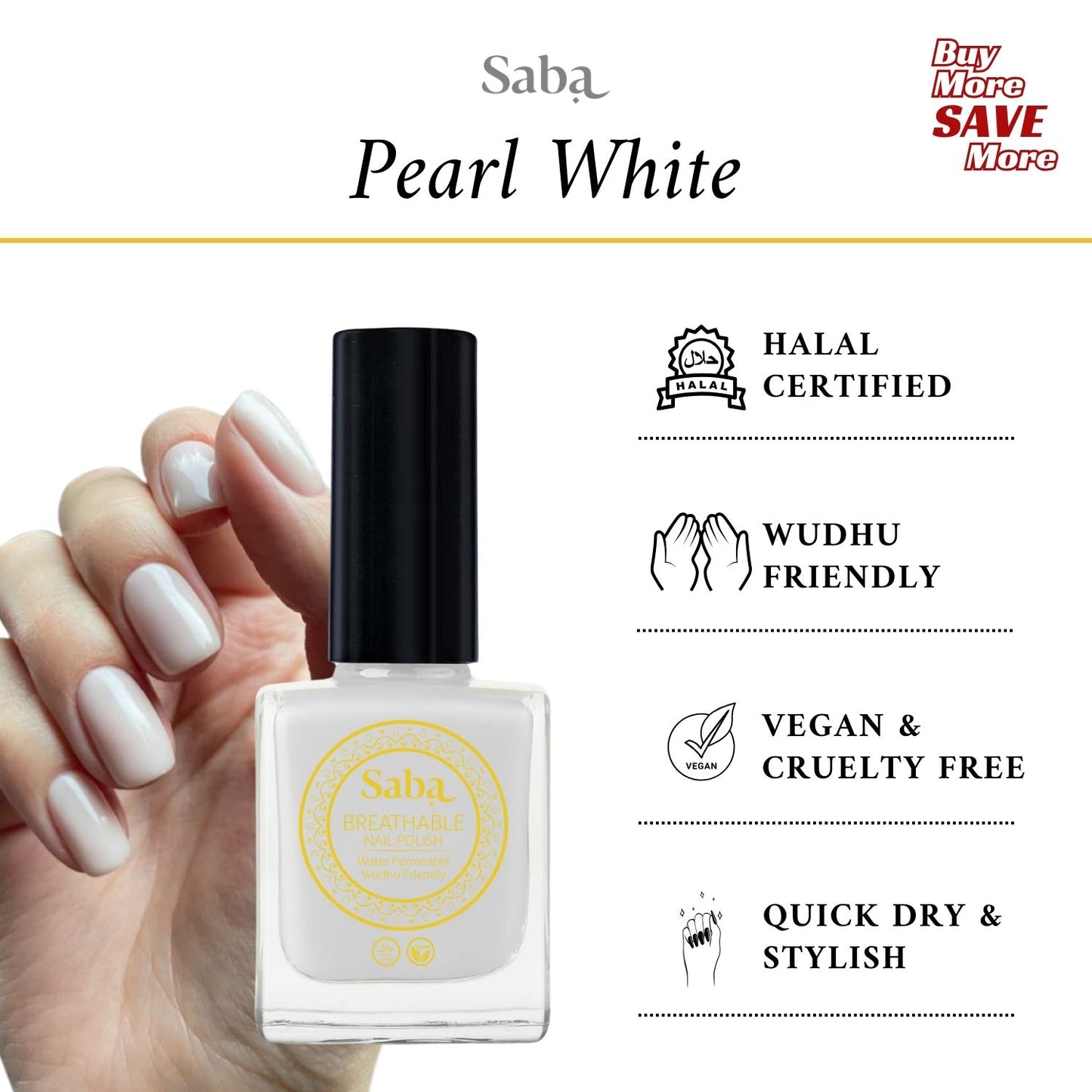 Saba’s breathable Pearl White Nail Polish
