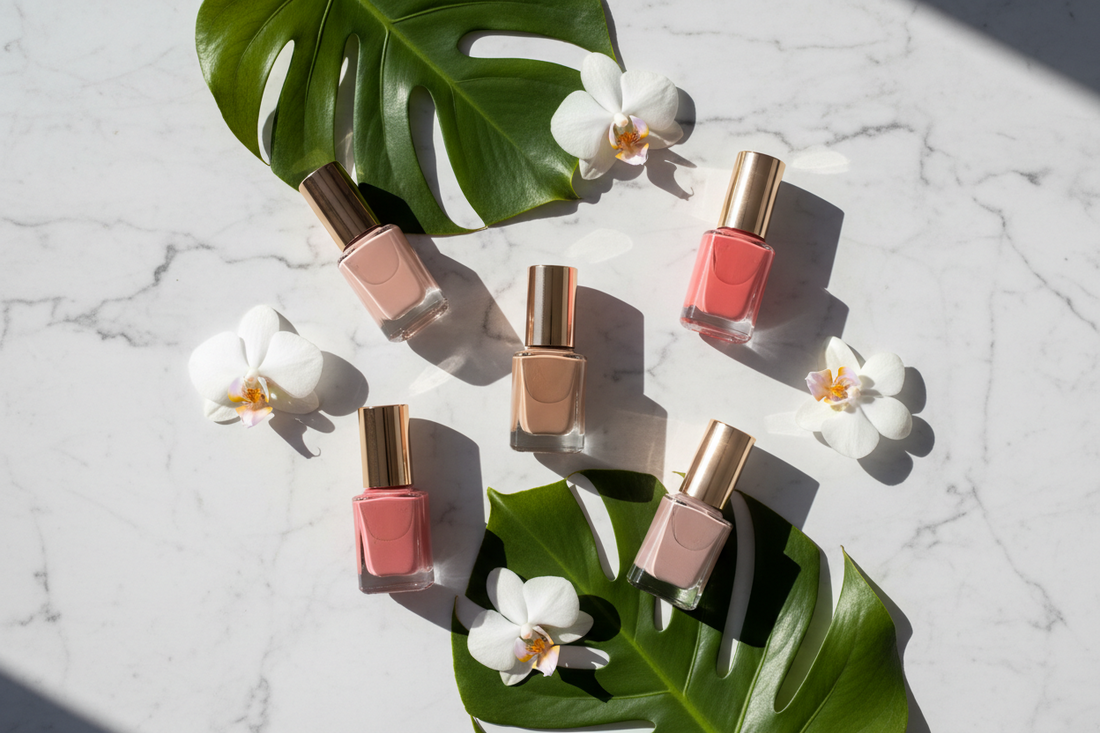 Selection of neutral pink and red nail polish shades styled for everyday office and casual looks