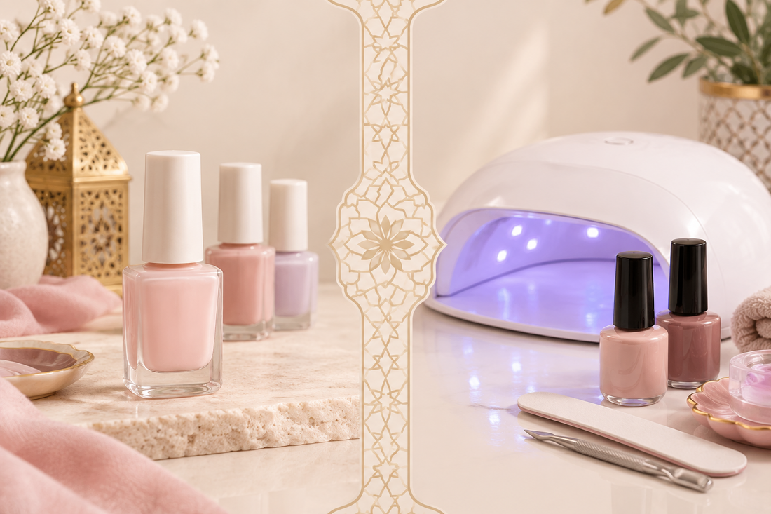 Saba breathable halal nail polish beside a glossy gel manicure comparison