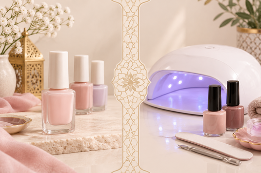 Saba breathable halal nail polish beside a glossy gel manicure comparison