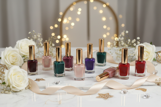 Bridal and festive halal nail polish shades in soft pink, nude, and deep red for weddings and celebrations