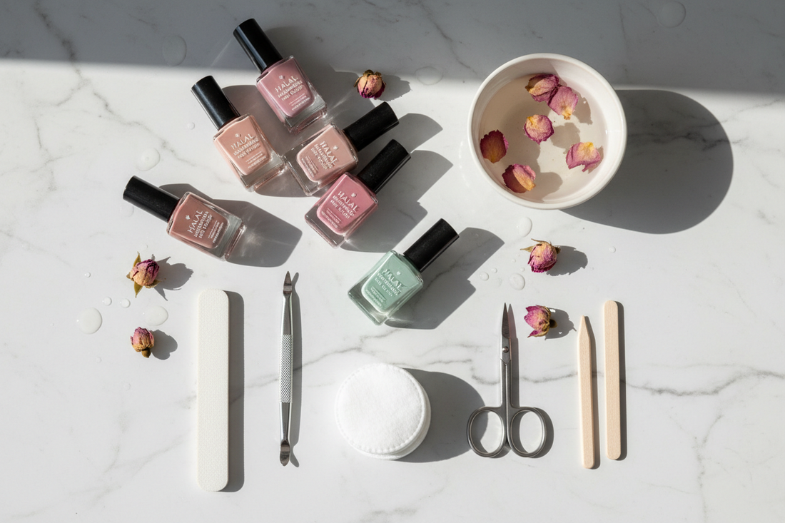 halal manicure kit with breathable nail polish top coat and remover