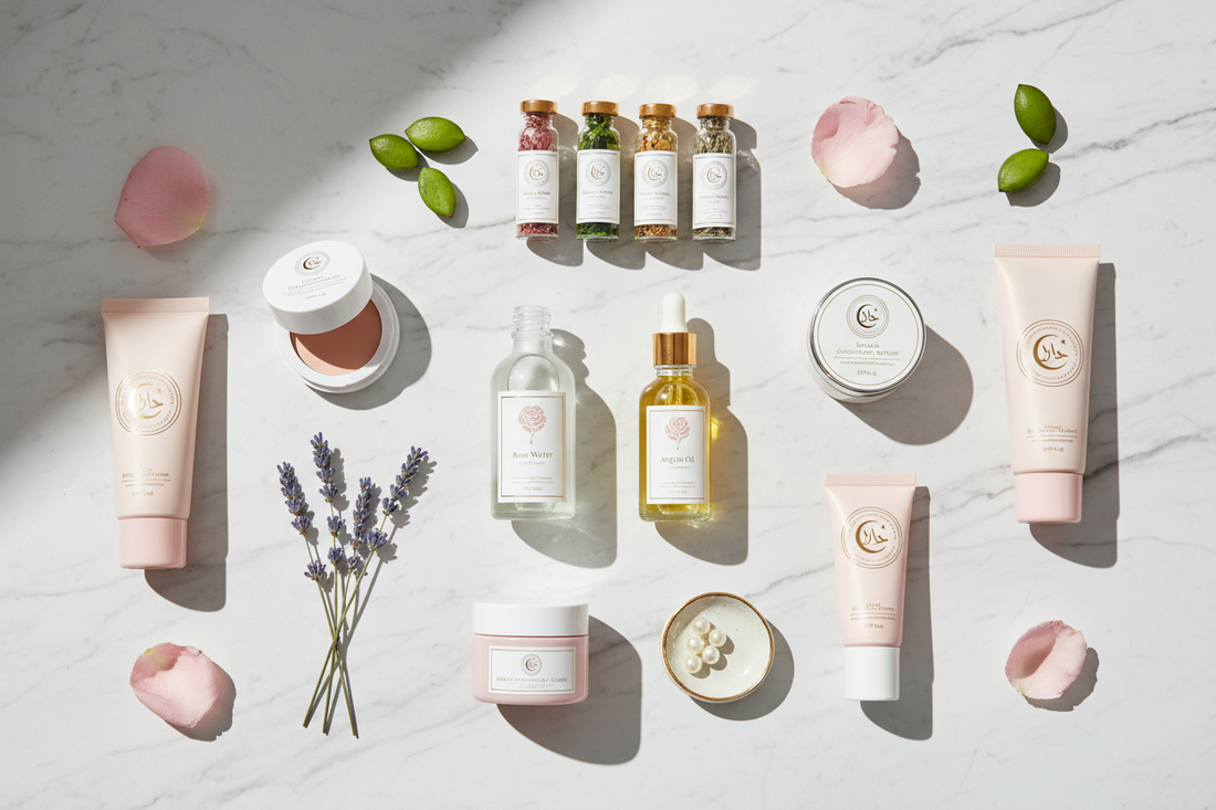 Minimal halal-conscious beauty routine featuring nail polish, lipstick, and simple daily essentials