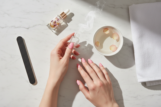 Close-up of a fresh at-home manicure with glossy nail polish and neat nail prep tools