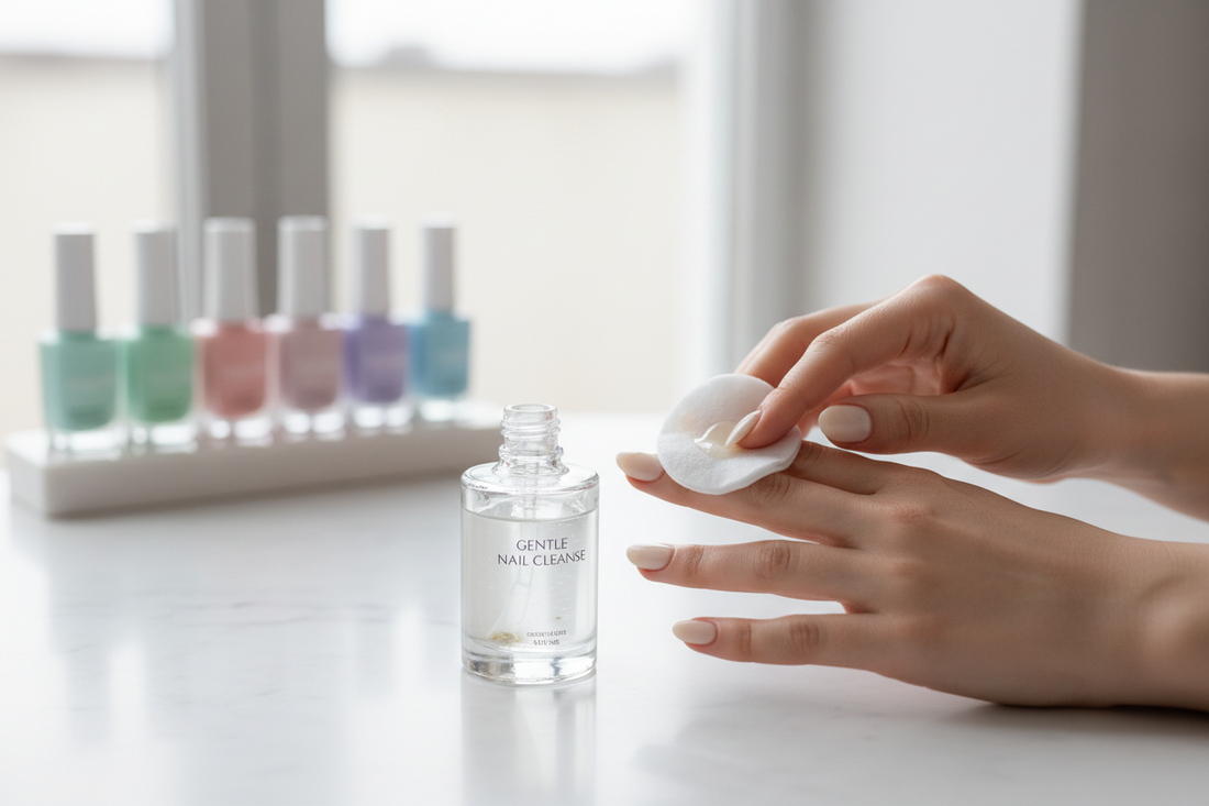Cotton pad with nail polish remover beside freshly cleaned nails and manicure tools