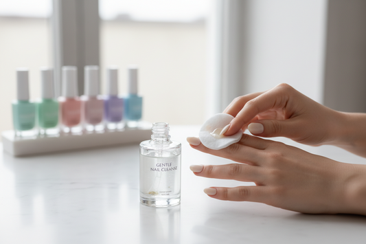 Cotton pad with nail polish remover beside freshly cleaned nails and manicure tools