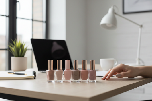 Office-friendly halal nail polish shades in nude pink and taupe placed beside a laptop and notebook
