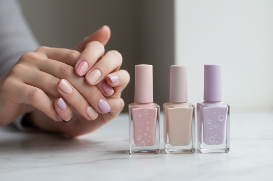 Woman holding breathable nail polish bottles in soft neutral shades for everyday wear