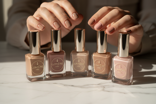 Neutral nude halal nail polish shades arranged on a clean background for minimalist everyday beauty
