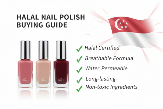 Woman holding breathable halal nail polish bottles in neutral shades for everyday wear in Singapore