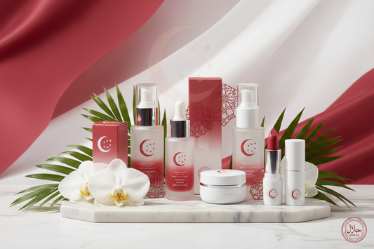 Flat lay of halal-conscious beauty products including nail polish and lipstick on a clean neutral background