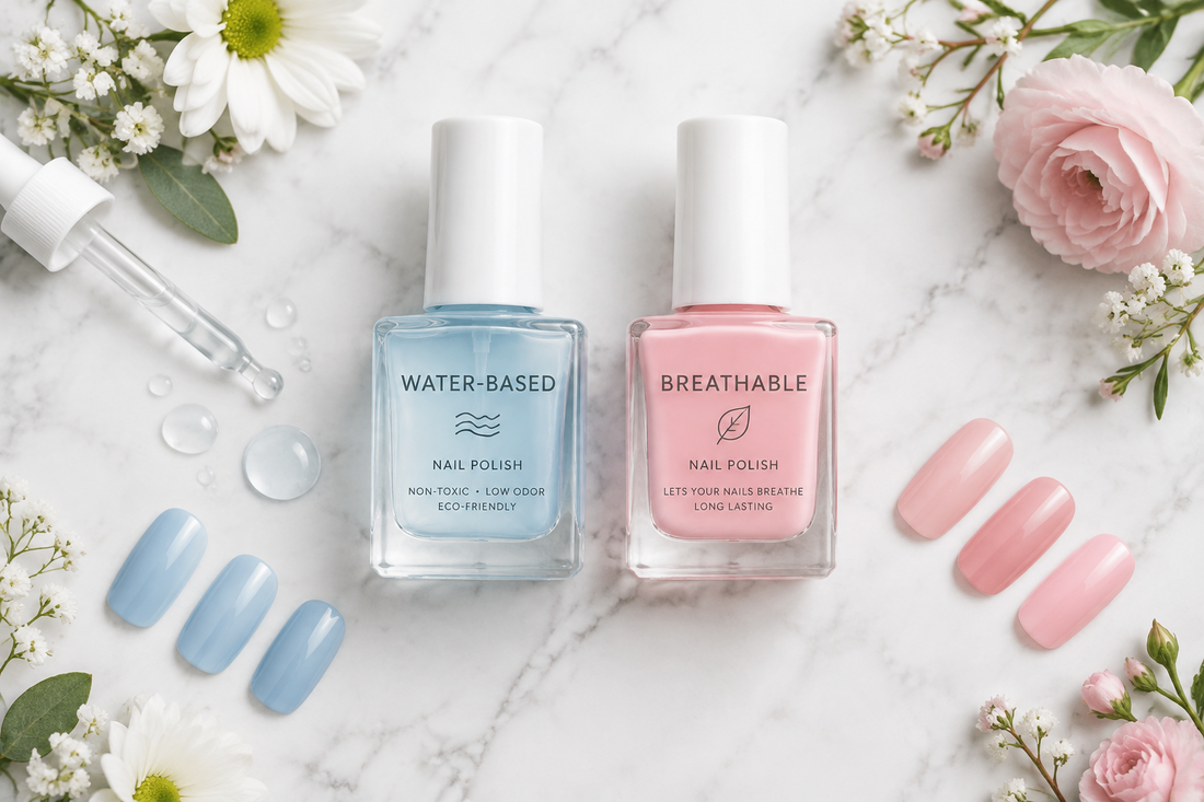 Water droplets beside Saba breathable halal nail polish showing water permeability concept