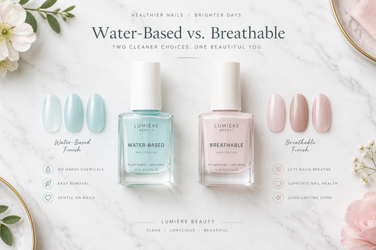 Water droplets beside Saba breathable halal nail polish showing water permeability concept