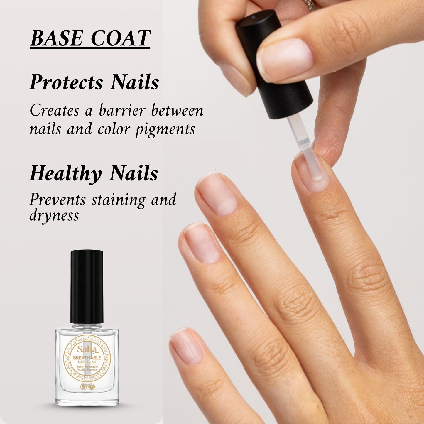 Halal Breathable Nail Polish Base Coat | Wudhu Friendly | Saba Singapore