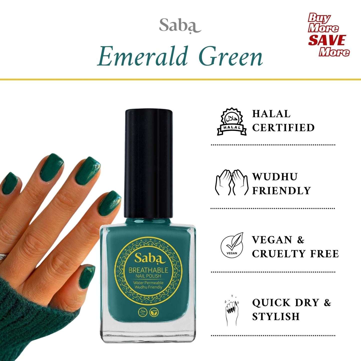 Saba Emerald Green is a bold, breathable nail polish with a jewel-toned finish. Toxin-free, vegan, and designed to turn heads with rich, vibrant color