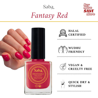 Saba Fantasy Red is a bold ruby-inspired nail polish. Bright, breathable, and toxin-free. Vegan, long-lasting, and stunning on all skin tones.