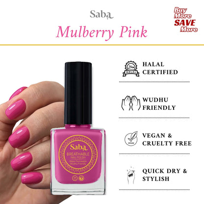 Saba Mulberry Pink is a sheer, breathable nail polish that enhances your natural nails with a soft pink glow. Vegan, toxin-free, and beautifully lightweight