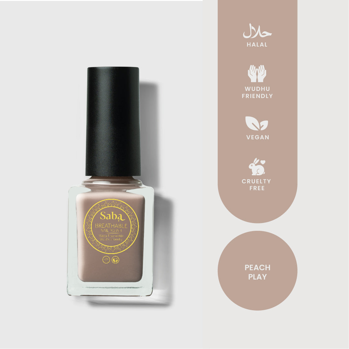 Saba Peach Play is a breathable nude peach nail polish that flatters all skin tones. Toxin-free, vegan, and designed to keep nails healthy and beautiful