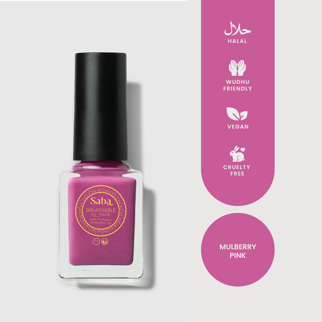 Saba Mulberry Pink is a sheer, breathable nail polish that enhances your natural nails with a soft pink glow. Vegan, toxin-free, and beautifully lightweight