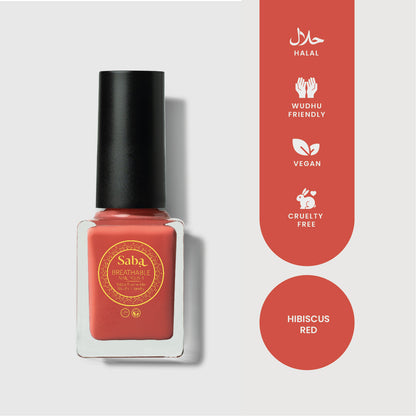 Saba Hibiscus Red is a henna-inspired breathable nail polish. A bold, earthy red that flatters all skin tones. Toxin-free, vegan, and nail-friendly.