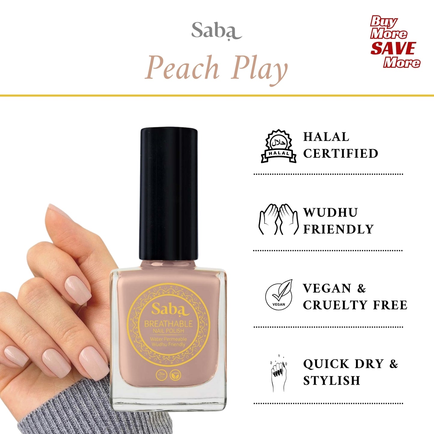Saba Peach Play is a breathable nude peach nail polish that flatters all skin tones. Toxin-free, vegan, and designed to keep nails healthy and beautiful