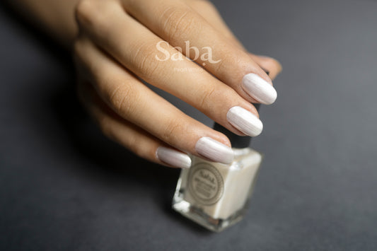 Saba’s breathable Pearl White nail polish is a rich titanium shade, perfect for nail art or base coats. Vegan, toxin-free, and beautifully long-lasting