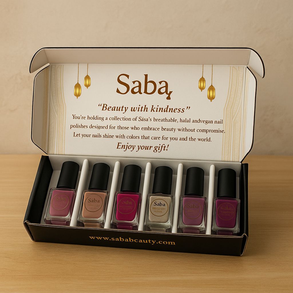 Saba Nail Polish Gift Box –A luxe gift box featuring 6 breathable, vegan nail polishes by Saba. Toxin-free, elegant, and perfect for gifting or self-care