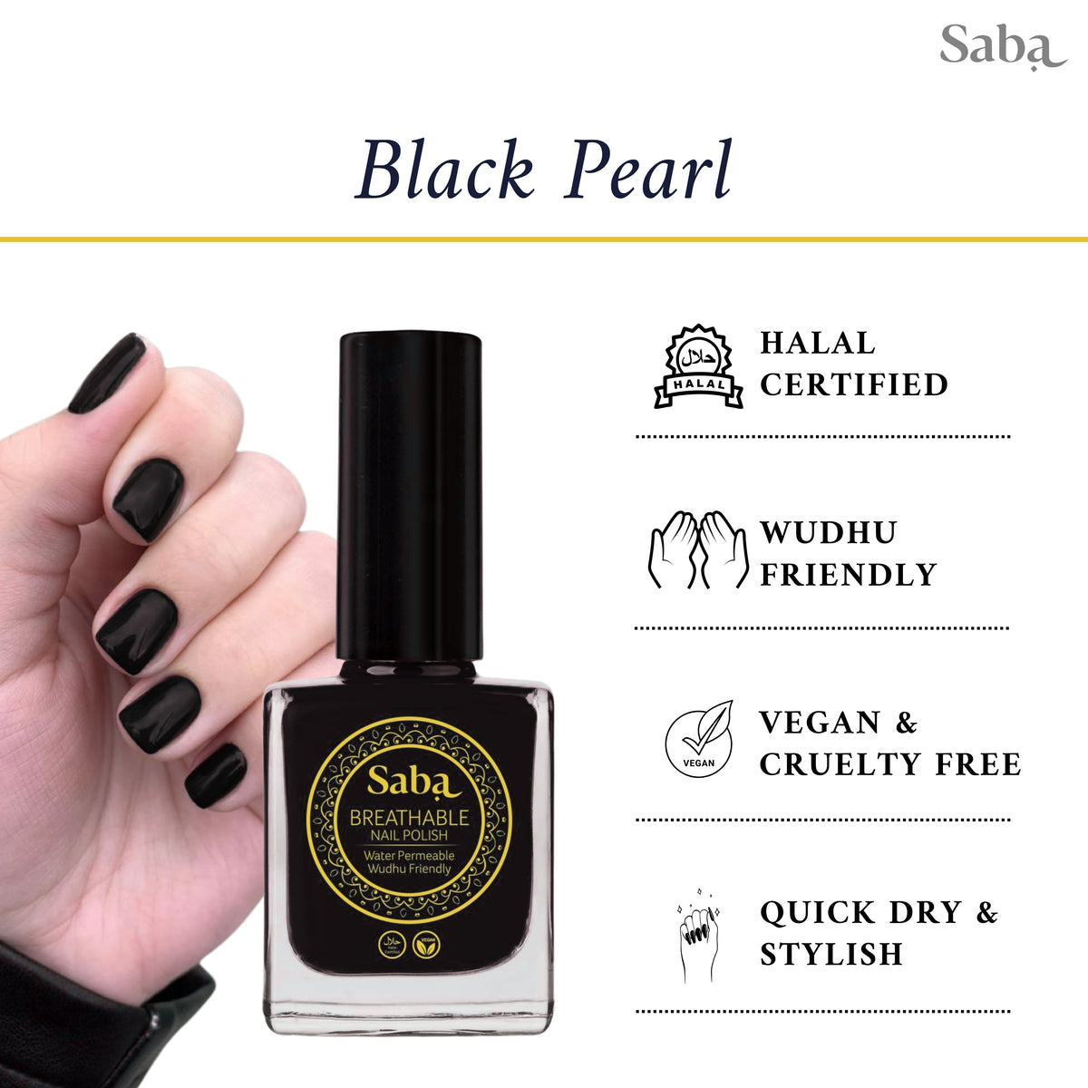 Halal Breathable Nail Polish – Black Pearl | Wudhu Friendly | Saba Singapore
