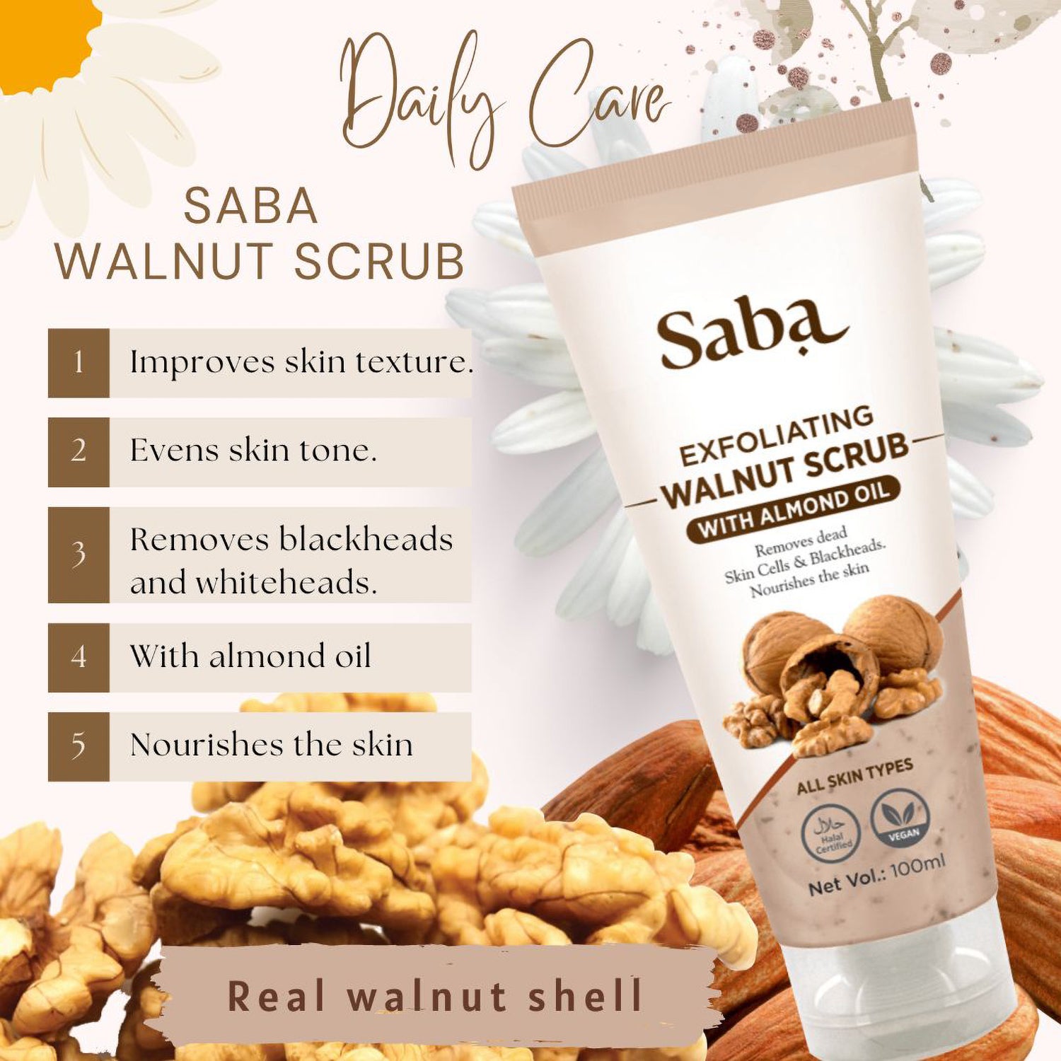 Saba Natural Exfoliating Walnut Scrub - With Walnut shell powder