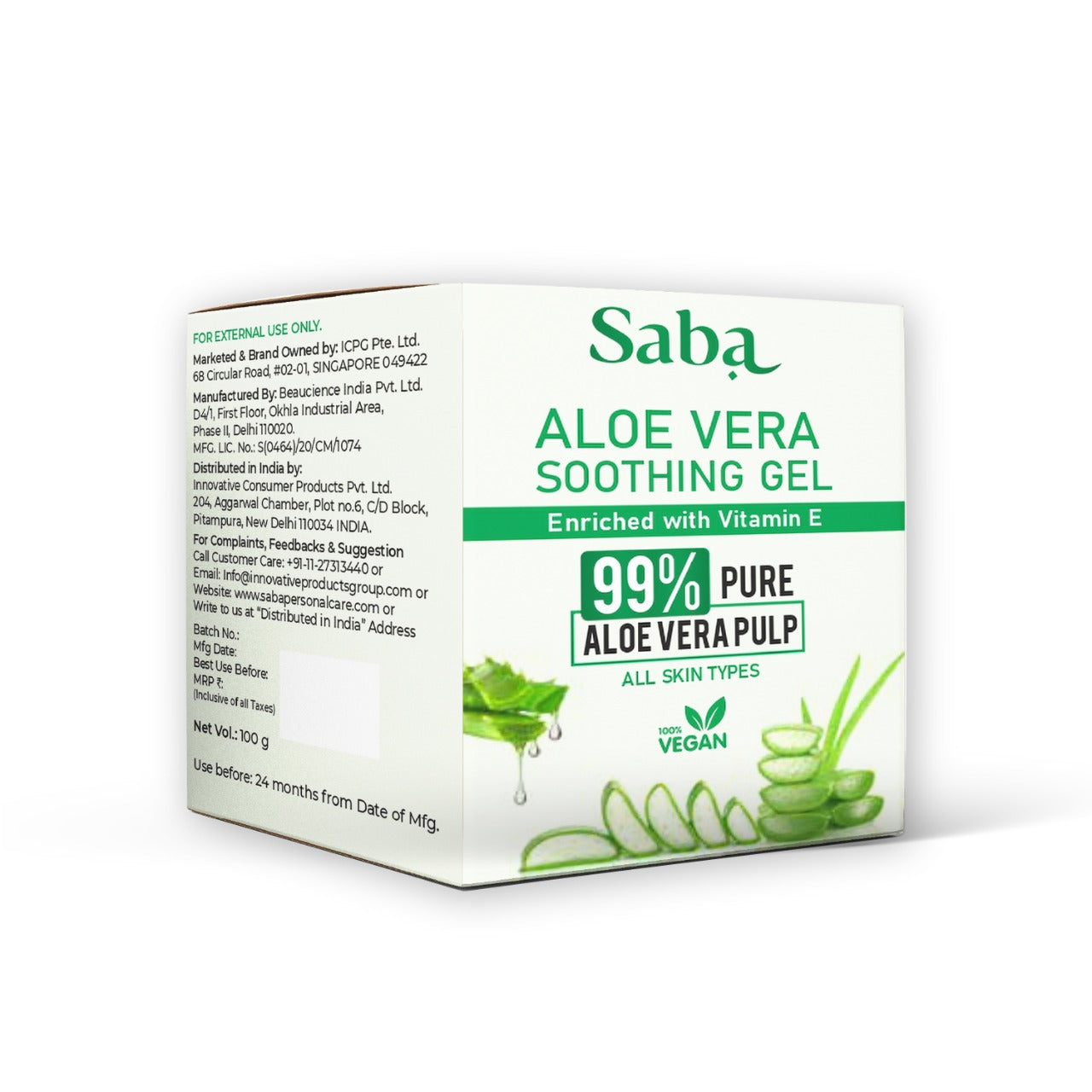 Saba Pure Aloe Vera Gel- For Sun Burn, After Sun, Natural Moisturization, Acne control, Nourishment of skin